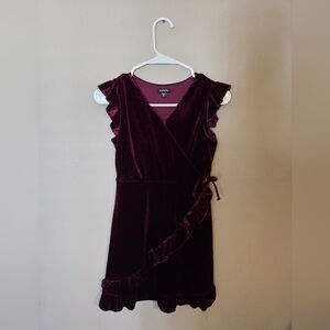 NEW-Zunie Burgundy Velvet Wrap Dress with Ruffle Accent